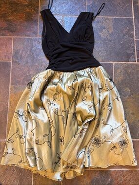 Black & Gold Floral Skater Dress with Ruched Bodice